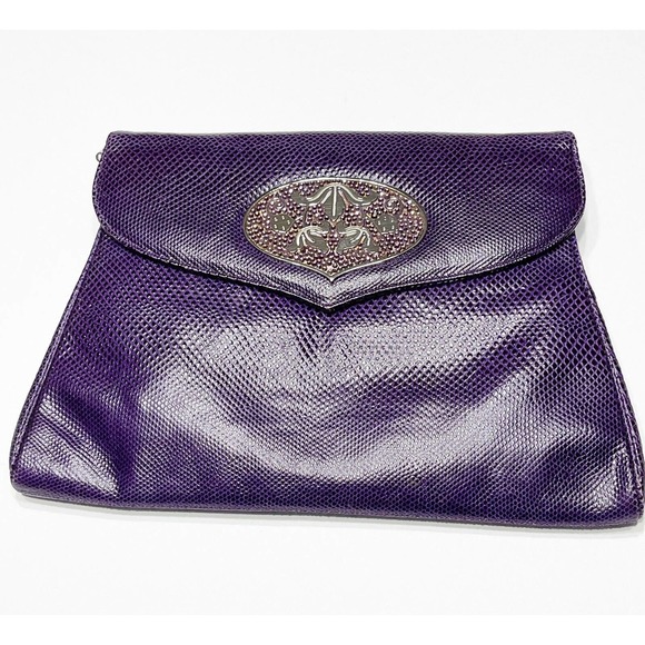 Judith Leiber Handbags - Judith Leiber Vintage Purple Lizard Rhinestone Handbag Purse Clutch Silvertone